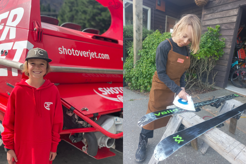  The image is split into two parts. On the left, a smiling boy in a red hoodie and black cap stands in front of a red "Shotover Jet" boat. On the right, the same boy, wearing a brown apron, is careful