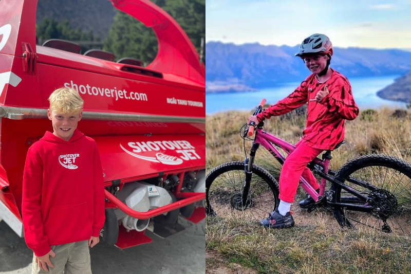  The image is split into two parts. On the left, a young boy in a red "Shotover Jet" hoodie stands in front of a red jet boat, smiling at the camera. On the right, the same boy, dressed in matching re